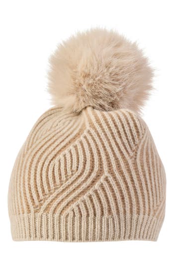Sofia Cashmere Faux Fur Pompom Plaited Rib Cashmere Knit Beanie In Camel/beige