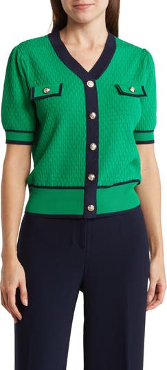 Nanette Lepore Pointelle Colorblock Short Sleeve Sweater