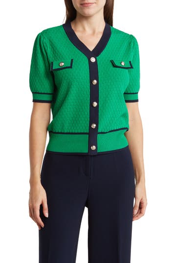 Nanette Lepore Pointelle Colorblock Short Sleeve Sweater In Green