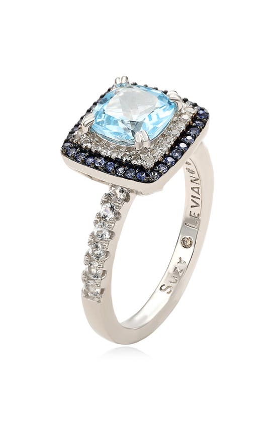 Shop Suzy Levian Cushion Cut Semiprecious Stone & White Topaz Double Halo Ring In Blue