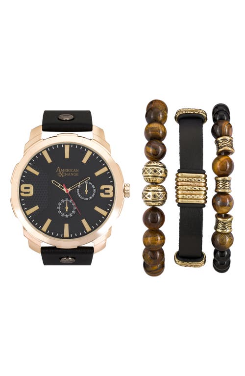 Shop I Touch Three Hand Quartz Leather Strap Watch & Bracelet Set In Black/gold