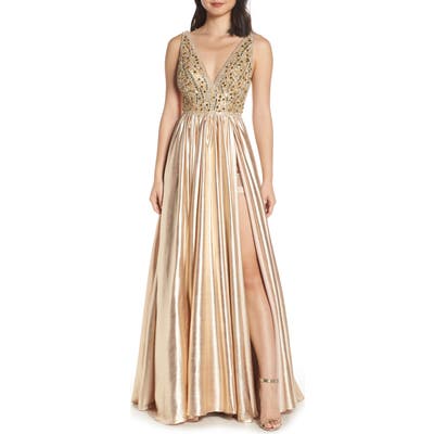 MAC Duggal V-Neck Metallic Sequin Evening Dress, Yellow