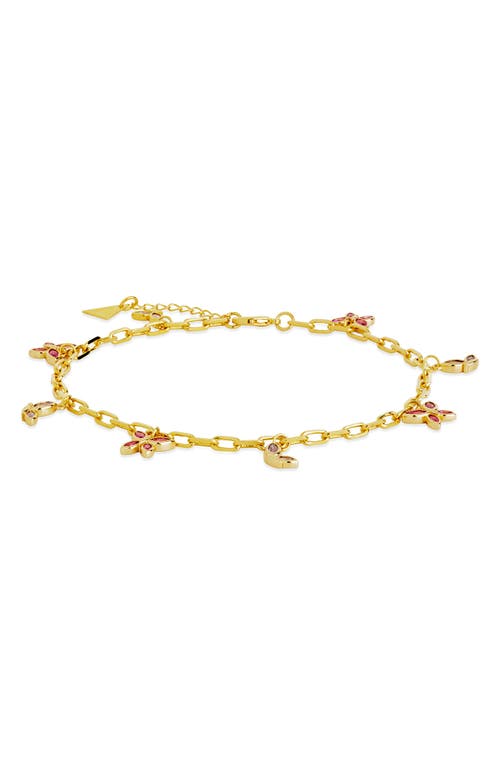 Sterling Forever Silver-tone Or Gold-tone Pink Cubic Zirconia Butterfly Charm Caria Anklet In Gold