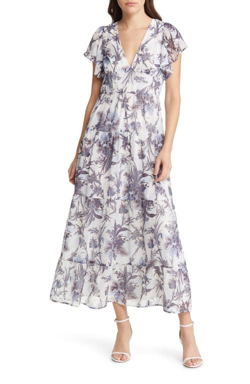 Chelsea28 Floral Flutter Sleeve Tiered Chiffon Maxi Dress in White- Blue Regency Toile