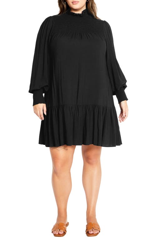 City Chic Cassia Smocked Long Sleeve Dress In Black