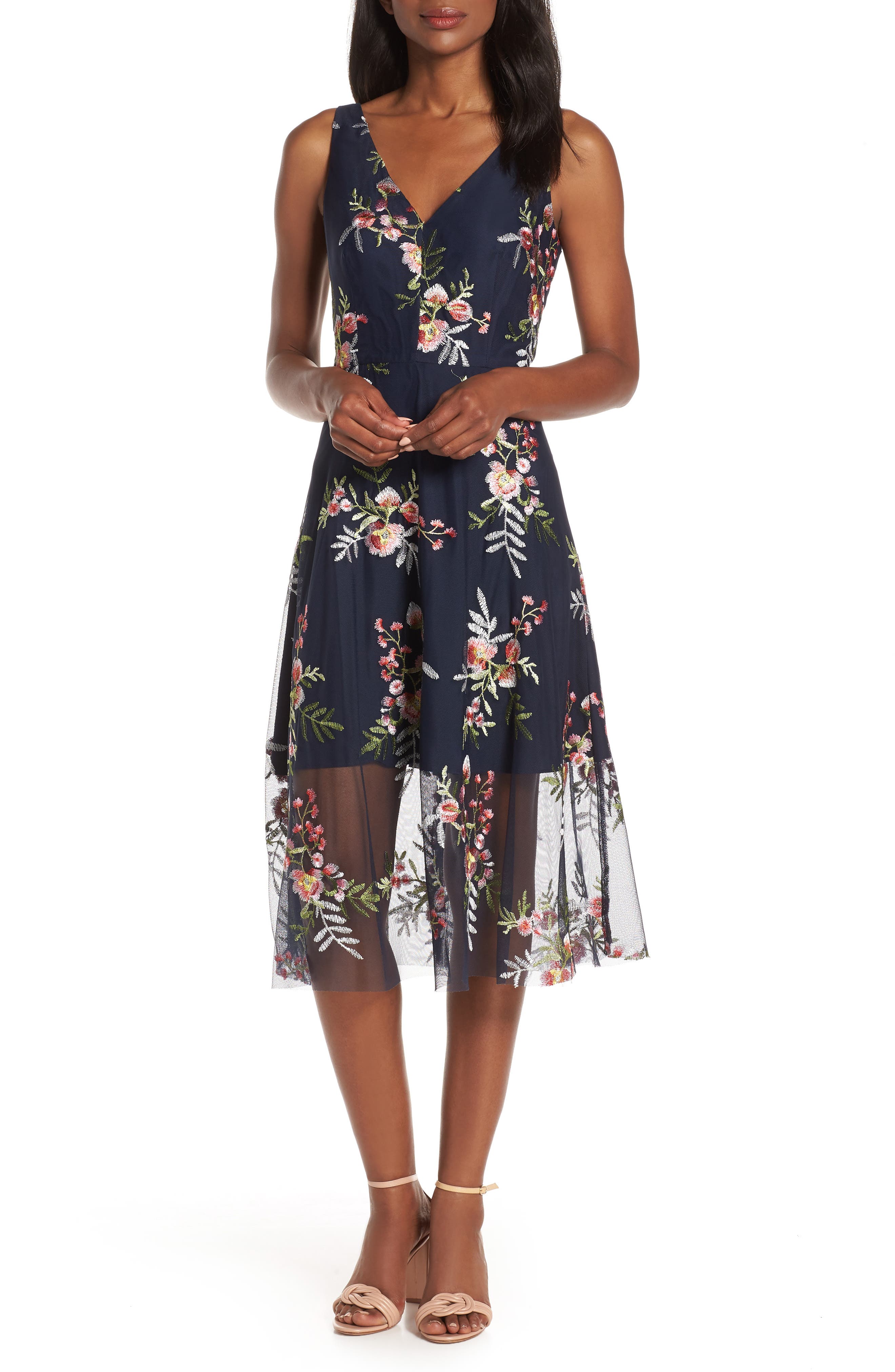 vince camuto embroidered mesh dress