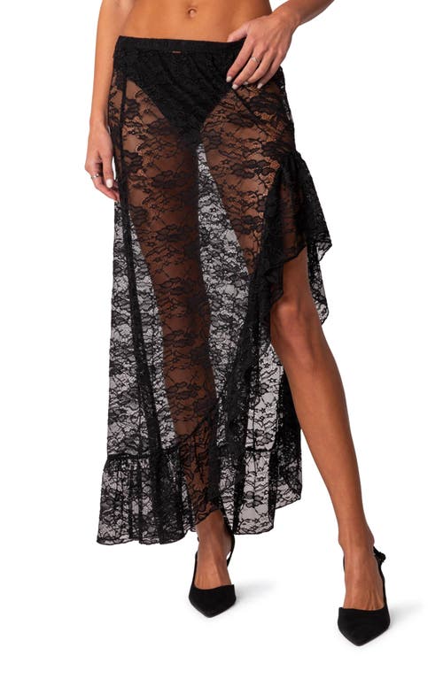 EDIKTED Asymmetric Ruffle Sheer Lace Skirt Black at Nordstrom,