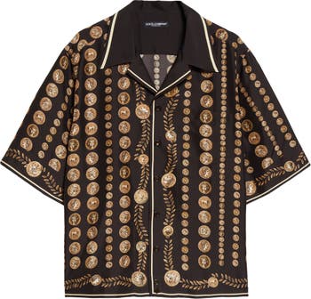 Dolce&Gabbana Allover Ancient Coin Print Silk Camp Shirt