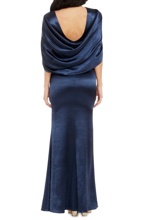 Shop Dress The Population Adina Cape Sleeve Satin Trumpet Gown In Navy