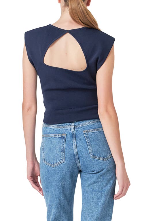Endless Rose Cutout Padded Shoulder Crop Top In Navy