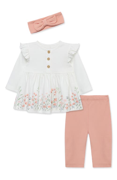 Little Me Meadow Border Button Front Tunic, Leggings & Headband Set In Pink
