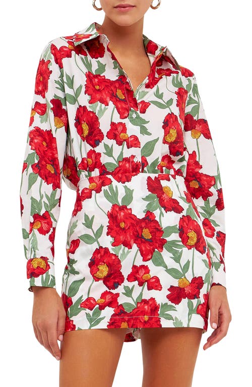 Endless Rose Floral Cotton Button-up Shirt In White/red