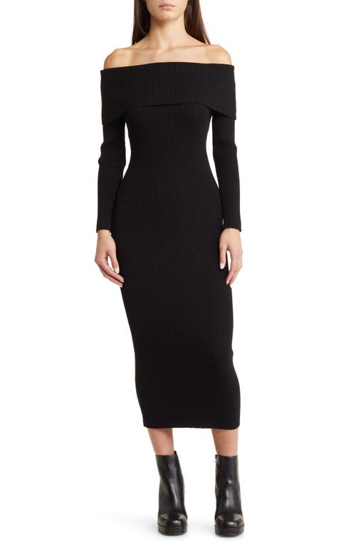 Off the Shoulder Long Sleeve Rib Sweater Dress in Black