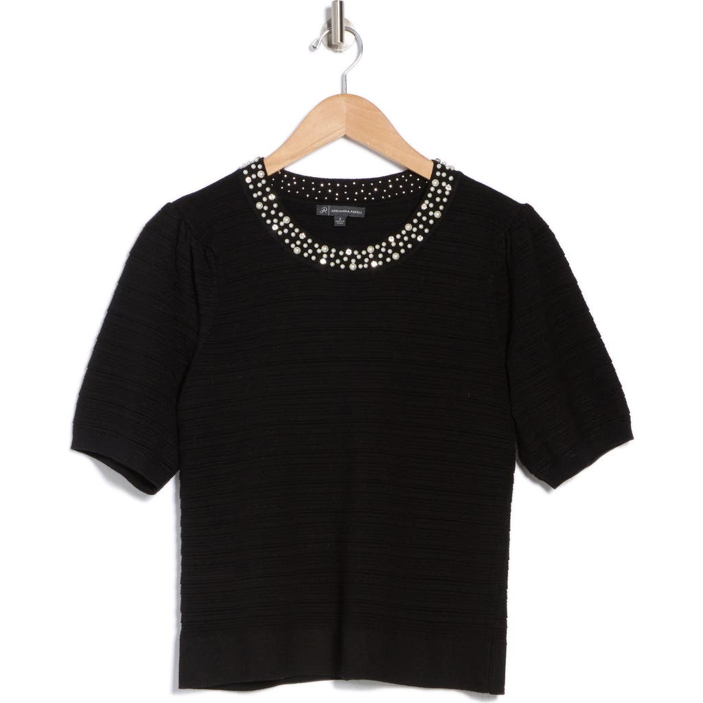 ADRIANNA PAPELL ADRIANNA PAPELL FAUX PEARL TRIM SHORT SLEEVE SWEATER