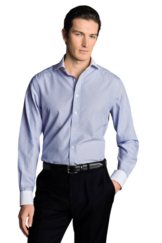 Shop Charles Tyrwhitt Winchester Guard Stripe Non-iron Poplin Slim Fit Shirt Single Cuff In Cornflower Blue