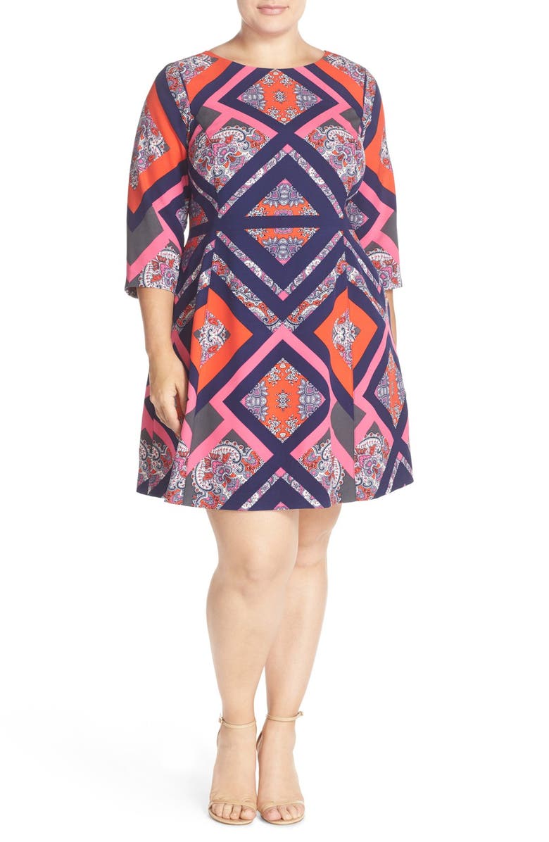 Vince Camuto Print Three-Quarter Sleeve Fit & Flare Dress (Plus Size ...