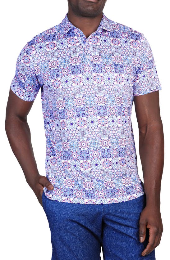 Shop Tailorbyrd Medallion Print Performance Polo In Blue/ White Dove