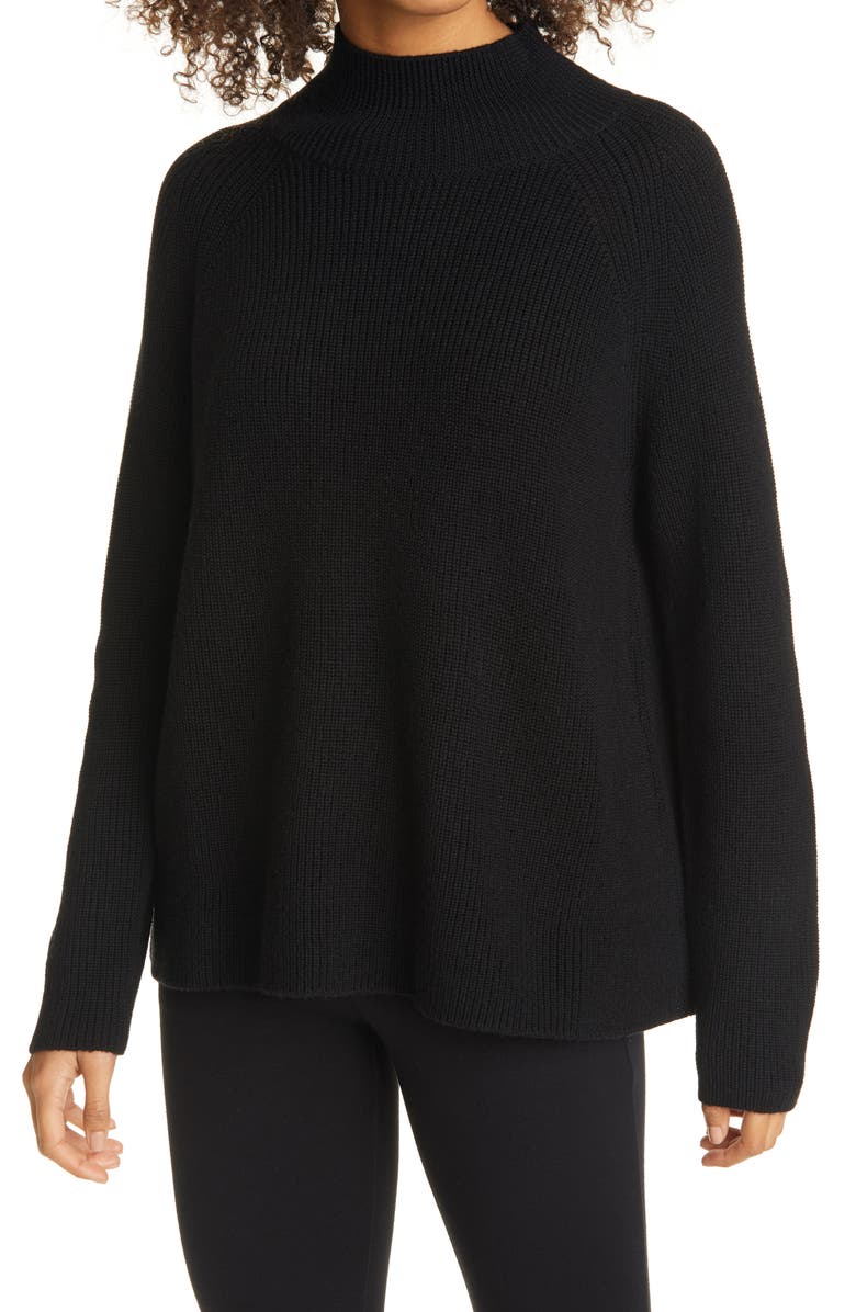EILEEN FISHER Raglan Sleeve Merino Wool Turtleneck Sweater, Main, color, BLACK