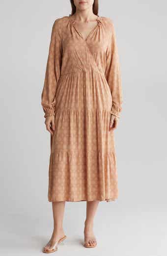 LUCKY BRAND Short Puff Sleeve V-Neck Tiered Tie Back Maxi Dress