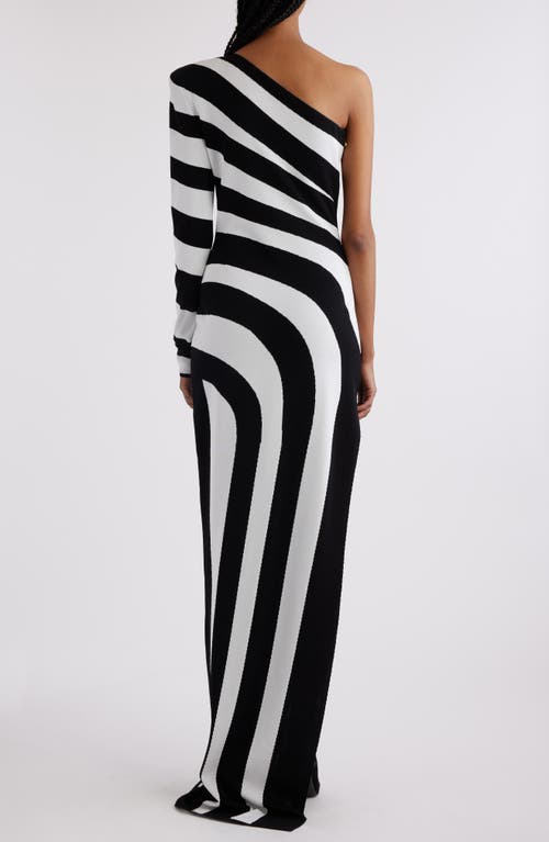 Shop Balmain Stripe One-shoulder Maxi Dress In Eab Black/white