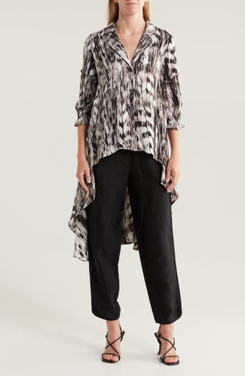 Patrizia Luca Ruffle Print High-low Button-up Tunic Top In Grey