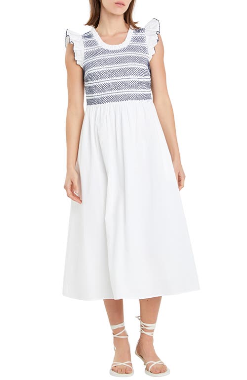 English Factory Smocked Midi Dress White/Navy at Nordstrom,