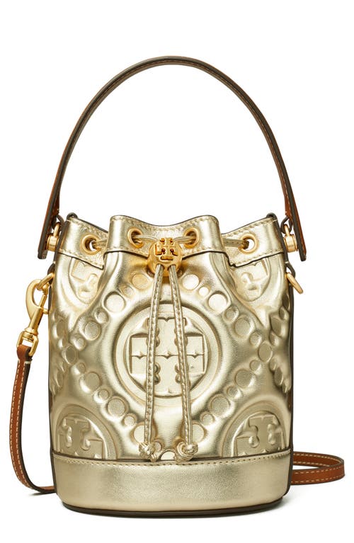 Tory Burch T-Monogram Embossed Puffy Metallic Leather Bucket Bag in White Gold at Nordstrom