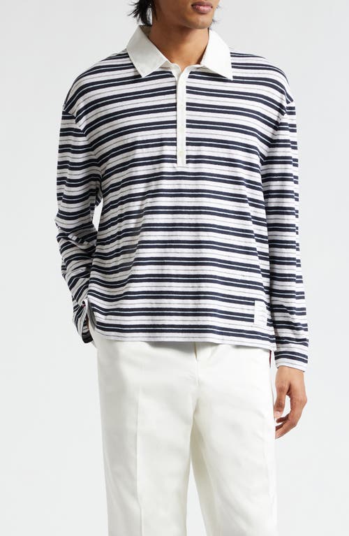 Thom Browne Stripe Rugby Fit Long Sleeve Polo Navy at Nordstrom,