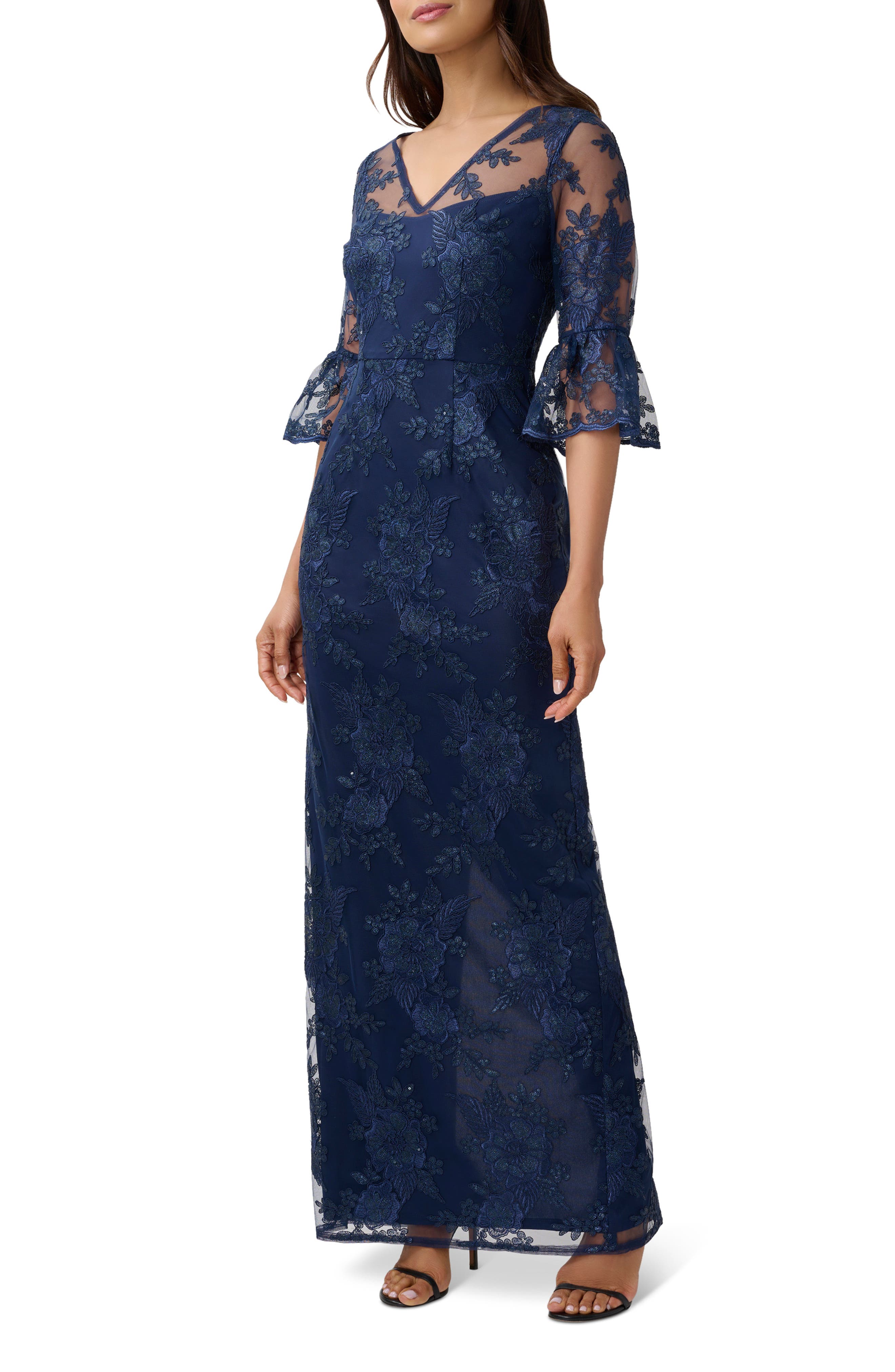 Adrianna Papell Sequin Floral Embroidered Gown in Navy | Smart Closet