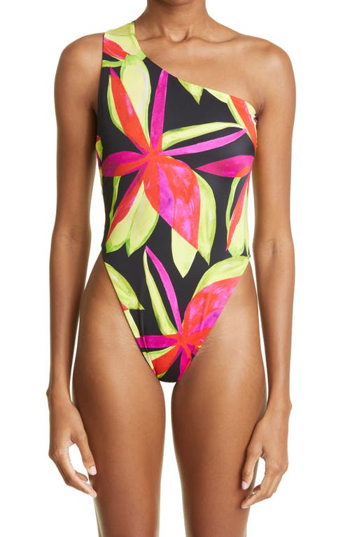 Louisa Ballou Plunge One-Shoulder One-Piece Swimsuit in Electric Pink Flower