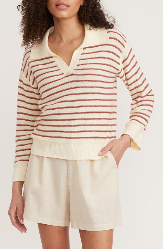 Marine Layer Sage Long Sleeve Cotton Sweater Polo In White/ Brick Stripe