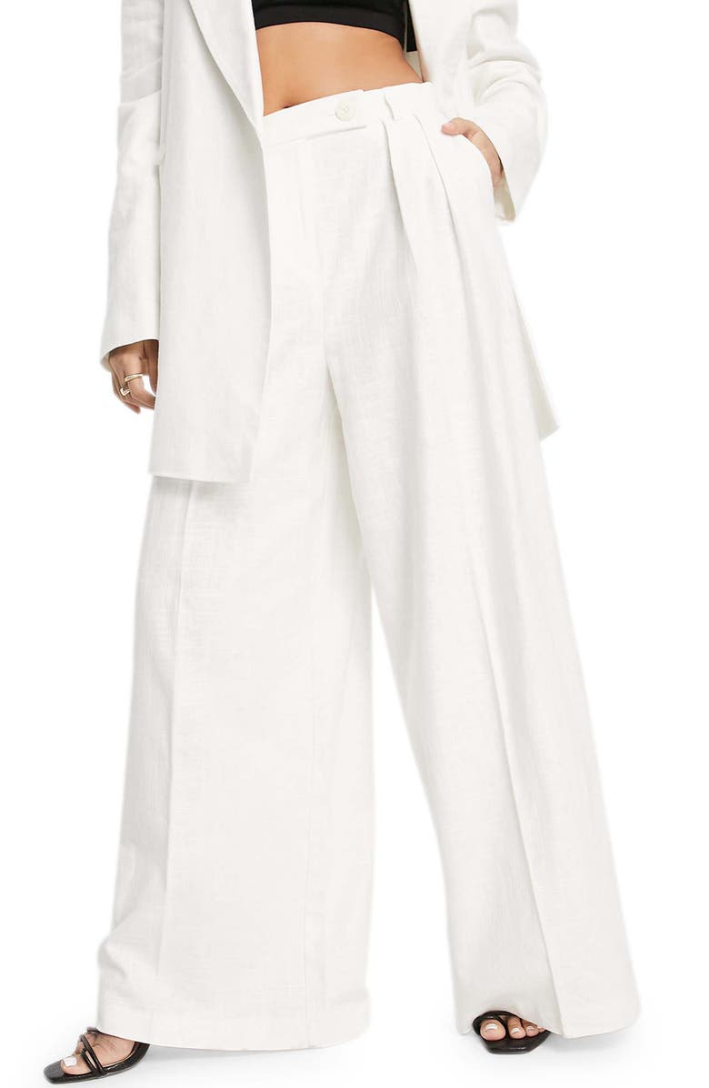 TOPSHOP Wide Leg Linen Pants, Main, color, WHITE