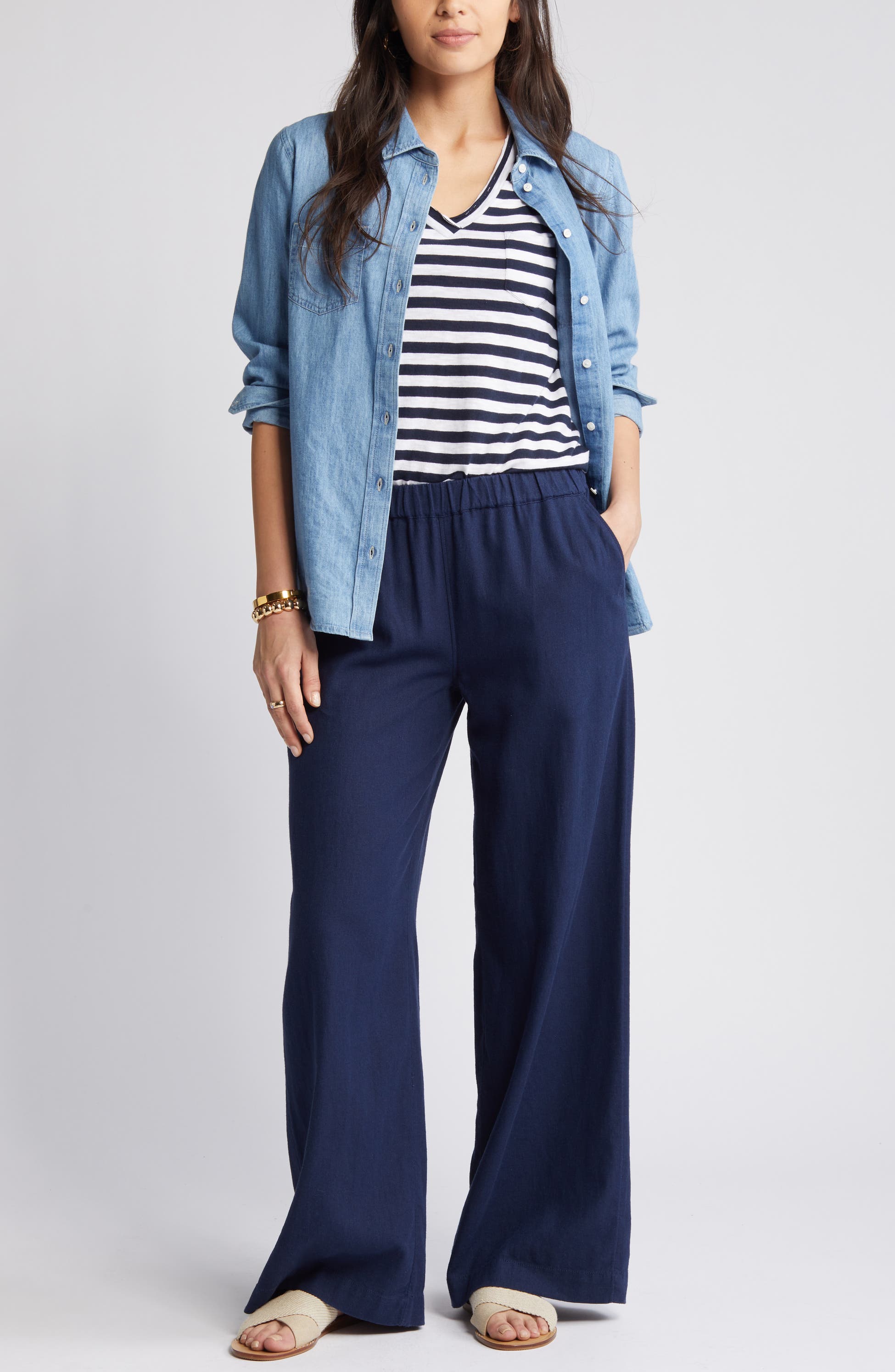 Caslon<sup>®</sup> Wide Leg Pull-On Linen Blend Pants, Main, color, Navy Blazer