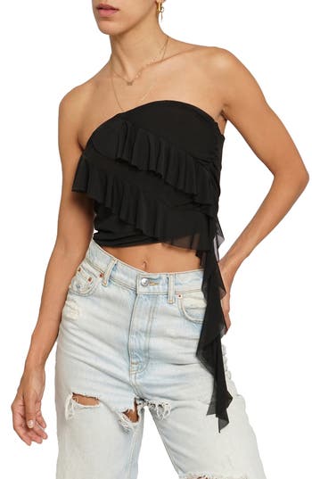 Know One Cares Mesh Ruffle Drape Tube Top In Black