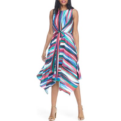 Maggy London Colorful Stripe Handkerchief Hem Sleeveless Dress, Blue