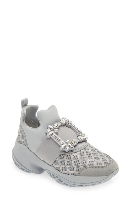 Shop Roger Vivier Viv Run Crystal Embellished Buckle Sneaker In Cemento M/platino/grigio