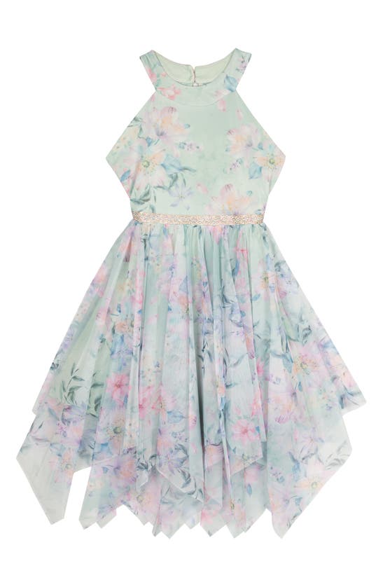 Rare Editions Kids' Mesh Halter Handkerchief Hem Dress In Mint | ModeSens