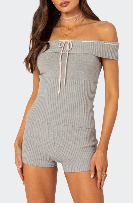 Edikted Bow Time Off The Shoulder Rib Sweater In Gray Melange