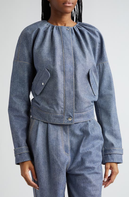 Shop Saks Potts Margreta Denim Print Leather Jacket In Denim Blue