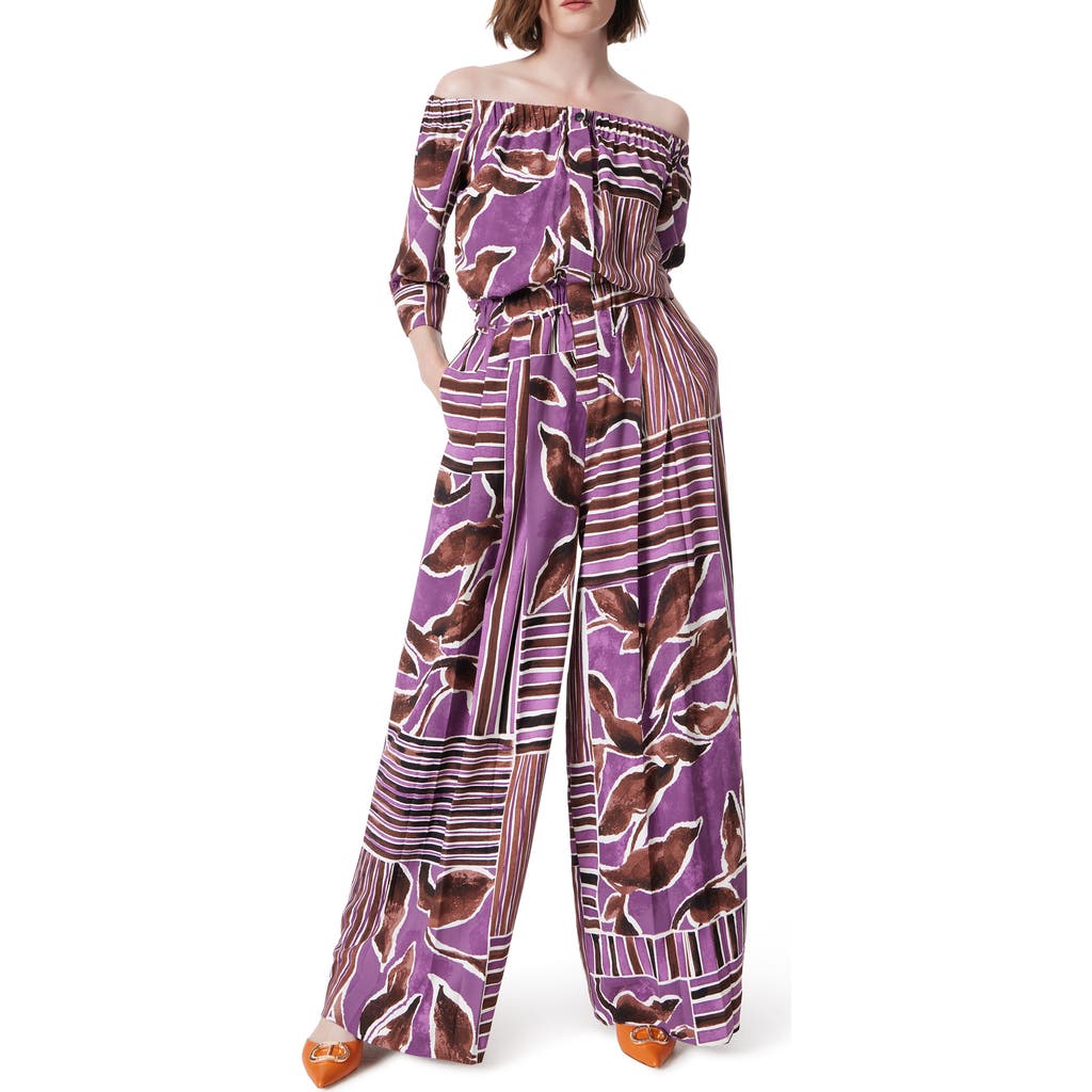Dee Ocleppo Print Off The Shoulder Wide Leg Jumpsuit In Black Plum
