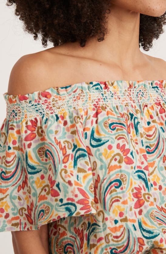 Shop Marine Layer Nora Smocked Off The Shoulder Cotton Top In Multi Paisley