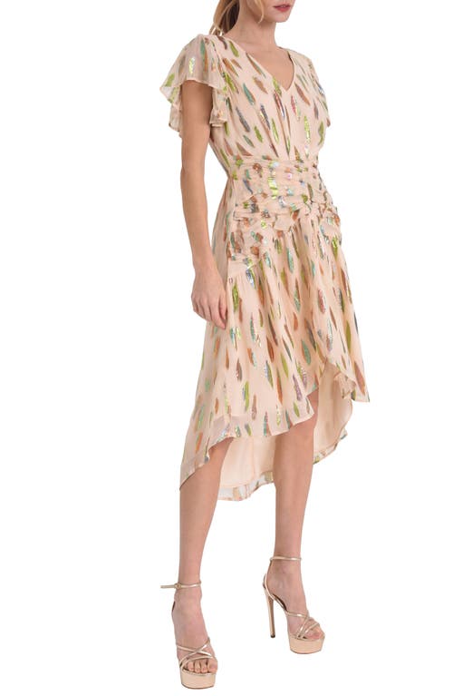 Palmina Metallic Leaf Print High-Low Dress in Cream