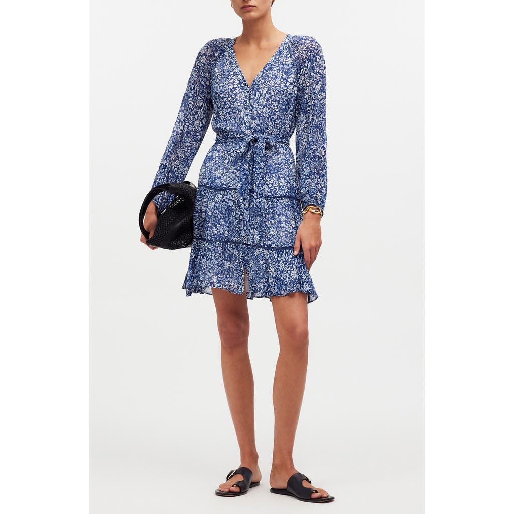 Madewell Floral Tie Waist Long Sleeve Tiered Minidress In Blue Ditsy