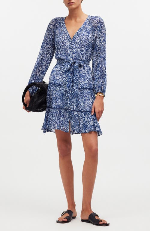 Floral Tie Waist Long Sleeve Tiered Minidress in Blue Ditsy