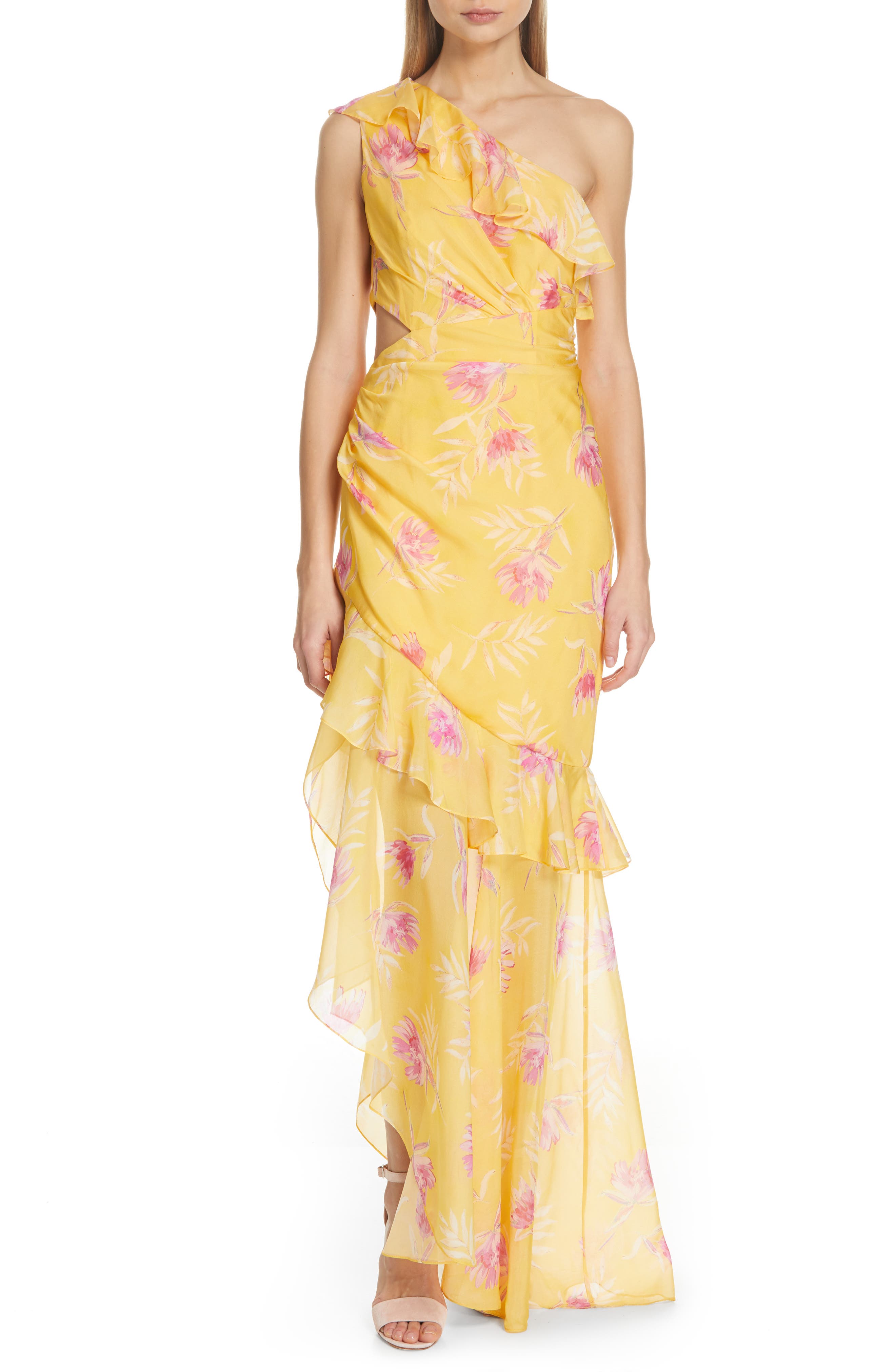 Amur Vi Floral Print Silk One-Shoulder Evening Dress, Yellow