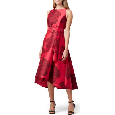 Tahari Floral Mikado Midi Dress, Red