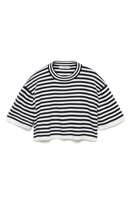 Shop Mango Stripe Short Sleeve Crop Sweater In Dark Navy