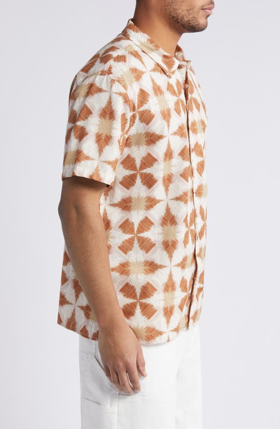 Shop Treasure & Bond Trim Fit Geo Print Short Sleeve Linen & Cotton Button-up Shirt In Ivory- Tan Ikat Patchwork