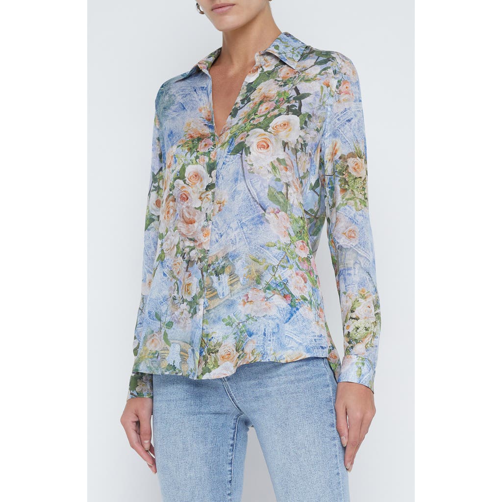Shop L Agence L'agence Nina Silk Button-up Top In Multi Floral Denim