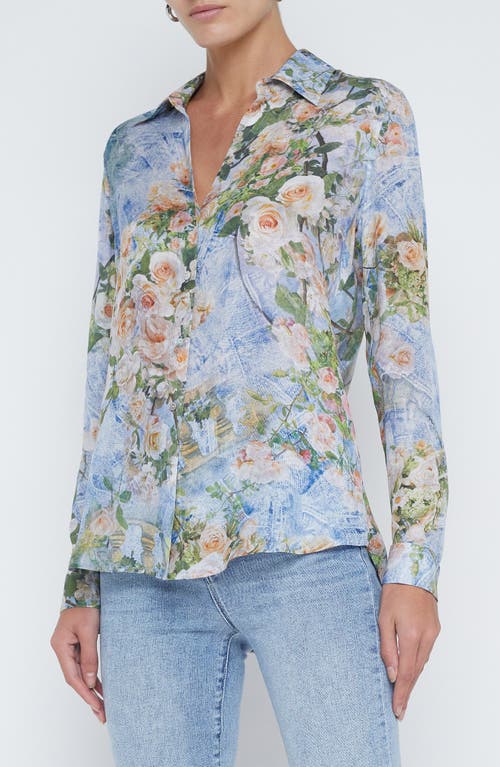 L'AGENCE Nina Silk Button-Up Top Multi Floral Denim at Nordstrom,